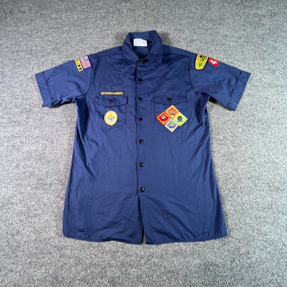 VTG Boy Scouts of America Uniform Shirt Youth XL Blue Patches Tiger Wolf Bear